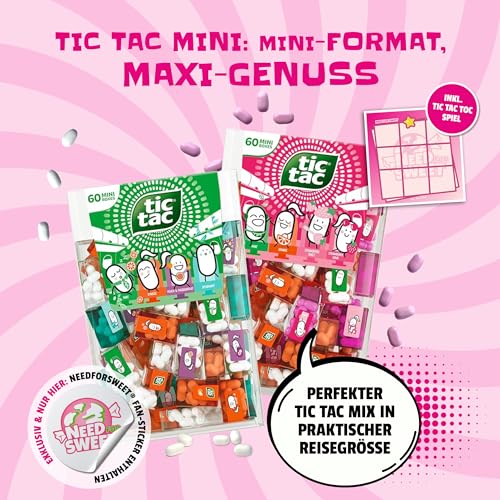 Tic Tac Mini Travels Mix Strawberry Edition 228g Lilliput – 60x TicTac Boxen einzeln – Erdbeere, Minze, Saure Erdbeere & Orange in Tic Tac XXL Großpackung Mini Süßigkeiten + TicTacToe Spiel