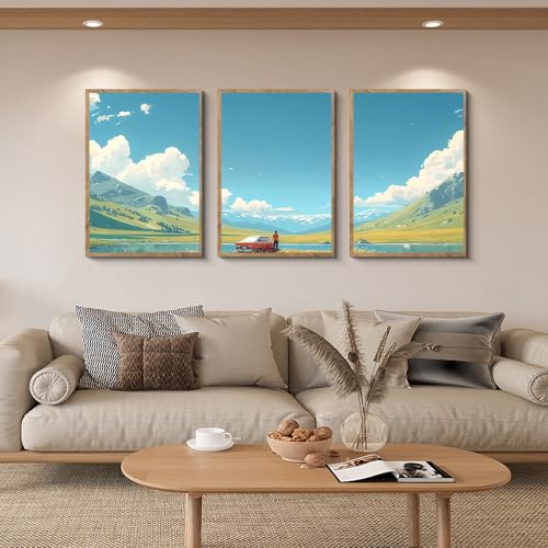 阪画屋 アートパネル アートボード ポスター 玄関 壁画 壁掛け 壁飾り 部屋飾り 飾り絵 絵 絵画 油絵 ソファの背景画 インテリア 現代 モダン フレーム 額付き 木枠付きの完成品 木目調 キャンバス 風水 風景画 プレゼント ギフト 30×40×3枚 [5]