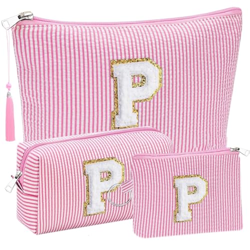 Initial Gifts Travel Cosmetic Makeup Pouch Bags Sets for Purse, 3pcs Stoney Clover Dupes Pouch Makeup Bag, Personalized Cosmetic Bags Set for Women, Make up Bag for Teen Girls 13 14 15 16 17 (P, Pink)