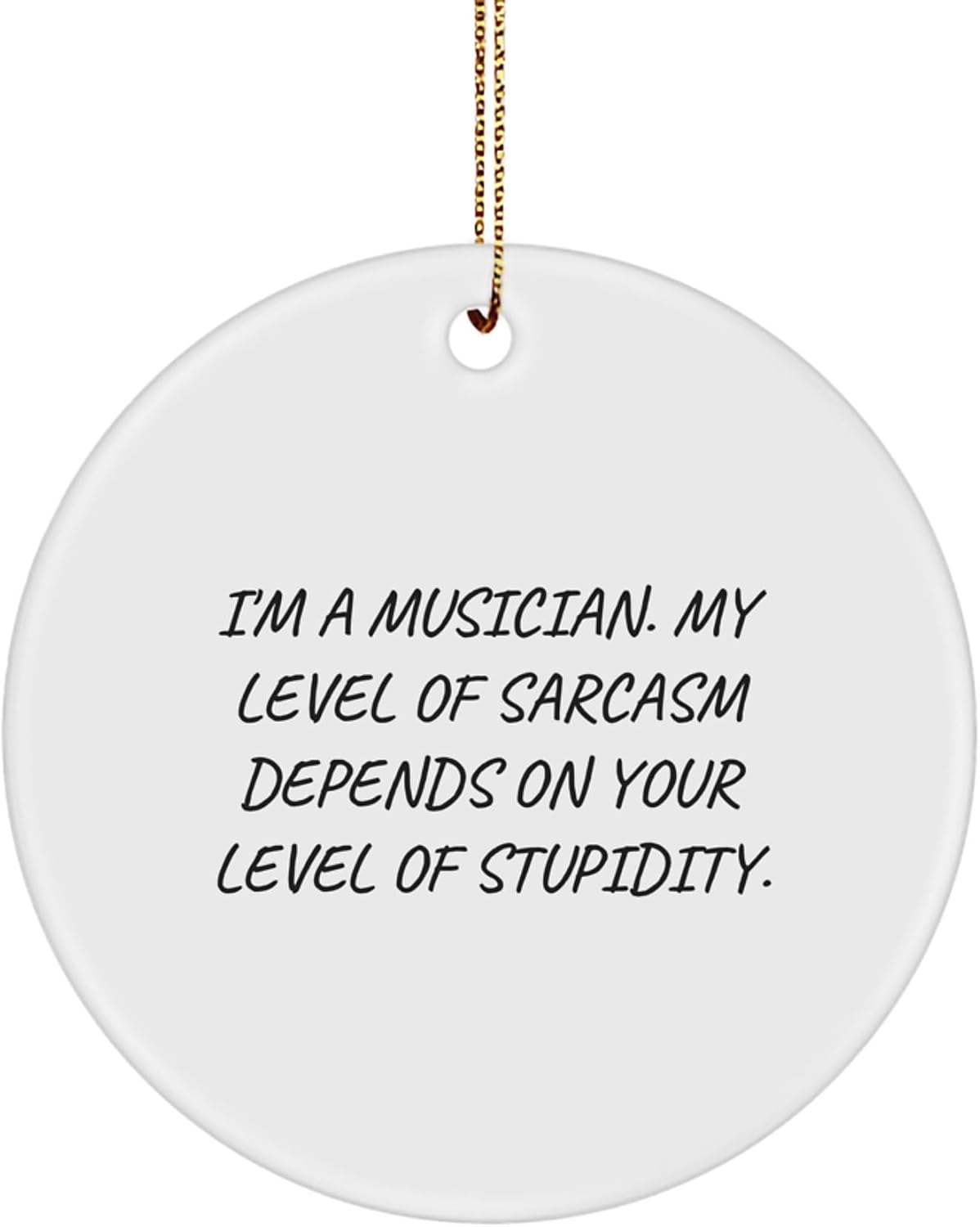 Musician Christmas Unique Gifts from Friends - Funny Circle Ornament with 'I'm A Musician. My Level of Sarcasm Depends On Your Level of Stupidity.' Quote