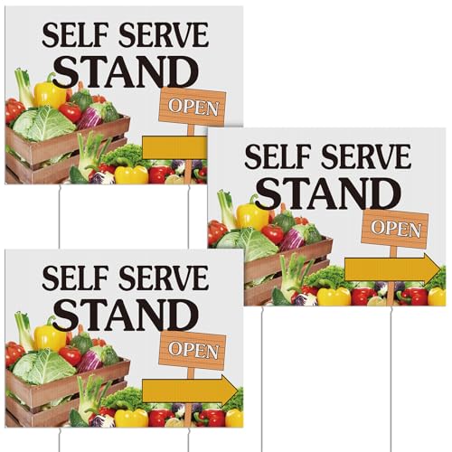 DoubleFill 3 Pcs Self Serve Stand Sign with Metal Ground Stakes 12 x 16 Inch Vegetable Sign Double Sided Outdoor Yard Signage Corrugated Plastic Event Signage for Outdoors Business