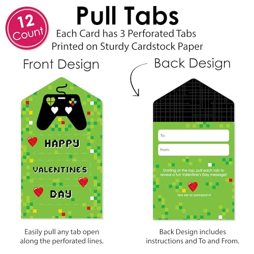 Image of Big Dot of Happiness Game Zone - Pixel Video Game Cards for Kids - Happy Valentine's Day Pull Tabs - Set of 12