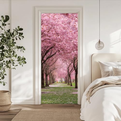 arricraft 2 Blatt Kirschblüten Selbstklebender Türaufkleber 80cm X 200cm /31.5x78.7 Zoll Rosa Blumen Gras Tür Wandbilder Aufkleber PVC Abnehmbare Tapeten Dekoration Für Schlafzimmer Wohnzimmer