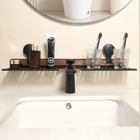 Shower-Caddy, Suction Shower-Caddy, Wooden Faucet Storage Rack with Suction Cup, Walnut Sink Shelf for Bathroom, No Drill Organizer Tray(40cm-white)