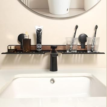 Shower-Caddy, Suction Shower-Caddy, Wooden Faucet Storage Rack with Suction Cup, Walnut Sink Shelf for Bathroom, No Drill Organizer Tray(40cm-white)