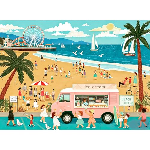 Rompecabezas de 500 piezas para adultos: escena nostálgica de playa y camión de helados, rompecabezas de puzle jigsaw con tema costero, actividad familiar desafiante, ideal como decoración mural o regalo para amantes de los puzles miniatura 1
