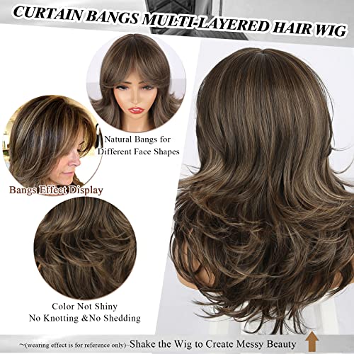 Leosa Blonde Highlight Wig With Curtain Bangs Layered Wig Synthetic Medium Brown Wig For White Women Long Ombre Wavy Mid Length Light Brown Wig For Women Haired Wig For Daily Party Use 18Inch #TOP5