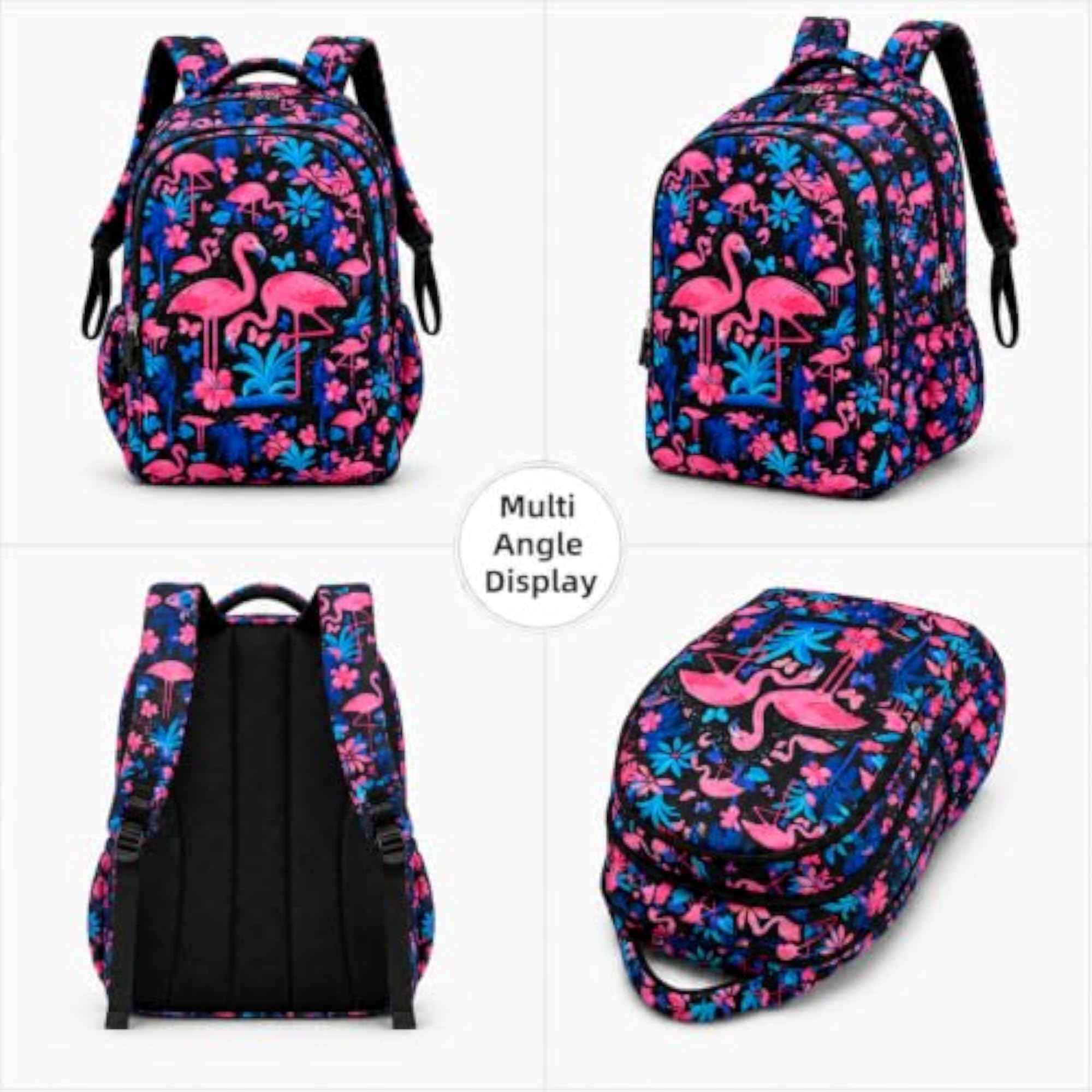 Flamingo Print Backpack for Girls, Black & Pink Tropical