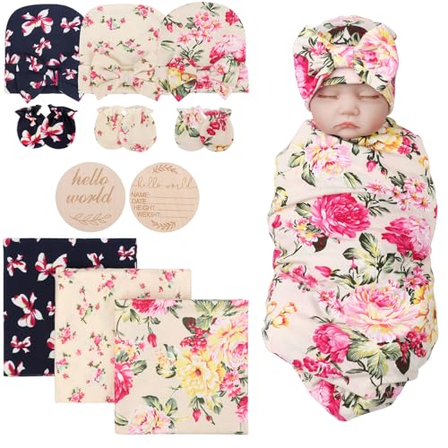 Image of DRESHOW BQUBO Floral Swaddles for Baby Girl Newborn Receiving Blanket with Bow Hat Mittens Wooden Birth Announcement Card Set Baby Floral Print Swaddle Nursery Swaddle Wrap
