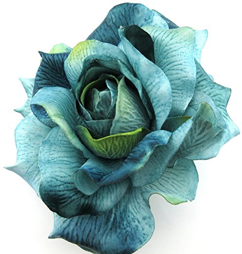 5" Variegated Teal Blue Poly Silk Rose Flower Brooch Pin