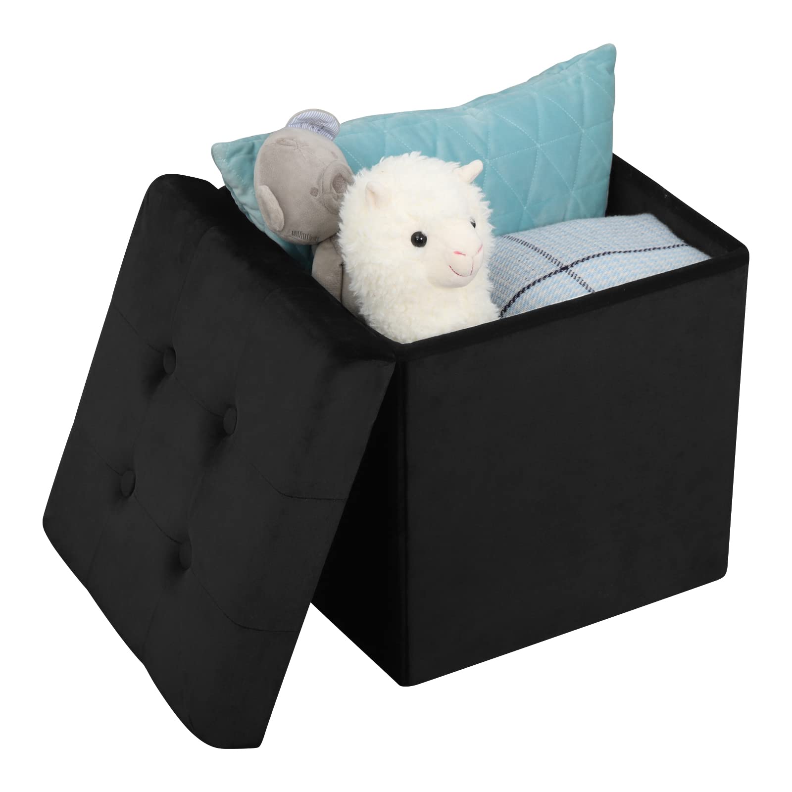 WOLTU Lot de 2 Tabouret Pouf Pliable, Coffre de Rangement Cubique, en Velours, 37,5x37,5x38cm, Noir