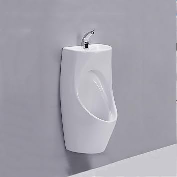 Corner Wall Mount Urinal for Men with Sink, 2-in-1 Water-Saving Ceramic Urinal with Integrated Wash Basin, Space-Saving Porcelain Urinals for Home, Garage & Commercial UseWhite