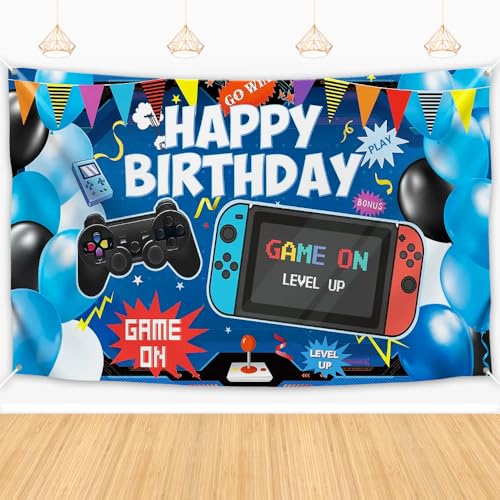 Fondo de cumpleaños para videojuegos, pancarta de feliz cumpleaños, fondo de fiesta temática de juegos, accesorios para fotos, decoración de fiesta de cumpleaños de videojuegos para niños y niñas (180