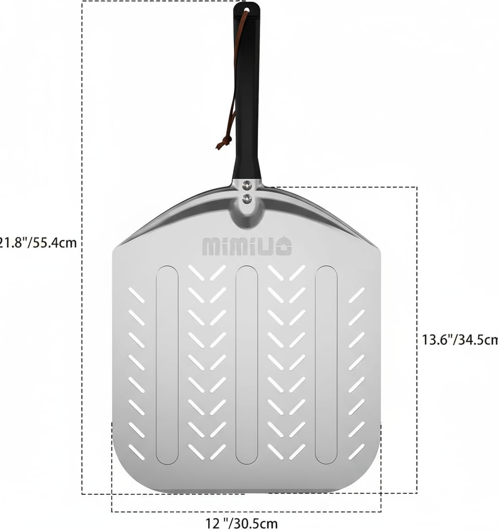 Mimiuo Pala para Pizza de Aluminio,Pala de Pizza Perforada,para Cualquier Horno de Parrilla de Pizza al Aire Libre o Interior,30.5×34.5 cm