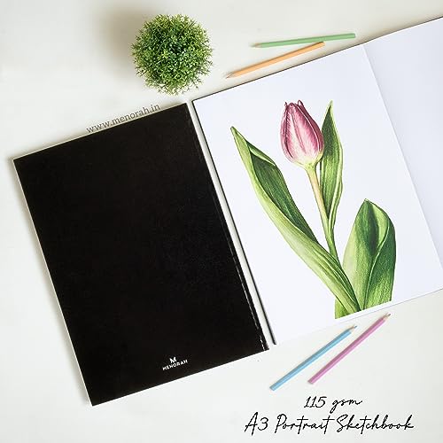 Image of MENORAH Paper A5 - Sketch Book for Artist - 115 GSM (160 Pages / 80 Sheets) - Artist Drawing Book - (21.0Cm X 14.8Cm) - Hard Case Bound - Completely Handmade-Portrait- Black, Watercolor