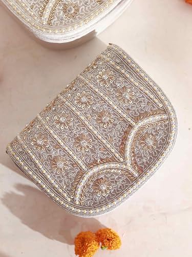 Image of THE TAN CLAN Kavya Beige Flap Over Bag Clutch Purses Luxury Evening Handbags with Handle