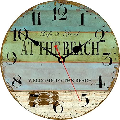 TAHEAT 30 cm En la Playa Reloj de Pared, Redondo Vintage Decoración Relojes, Silencioso Interior Madera Reloj de Pared para Cocina/ Salon/ Cuarto/ Baño Cover