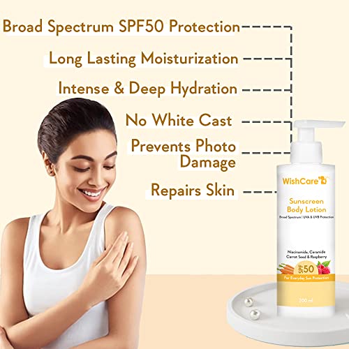 WishCare SPF50 Sunscreen Body Lotion - Broad Spectrum - UVA & UVB Protection with No White Cast - With Carrot Seed & Raspberry - For Men & Women -... - Image 4