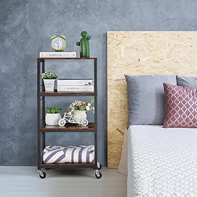 MOOACE Industrial Kitchen Rolling Cart with Wheels, 4-Tier Wood Cover Design Storage Snack Coffee Cart for Living Room, Office, Bathroom-Ur9zc8Ps