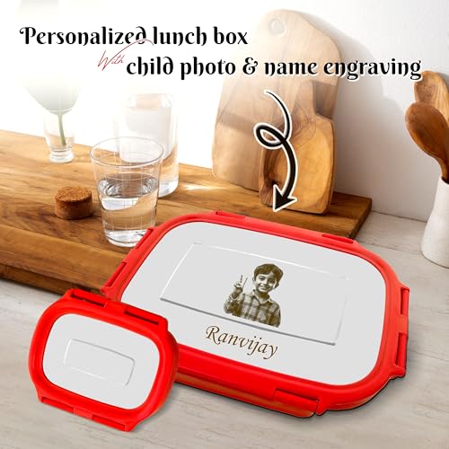Image of SAVRI Personalized Kids Stainless Steel Lunch Box Red- Customized Photo & Name Laser Printed Tiffin Box | Leakproof School Snack Storage for Boys & Girls | Birthday Return Gift, Daycare & Picnic Use
