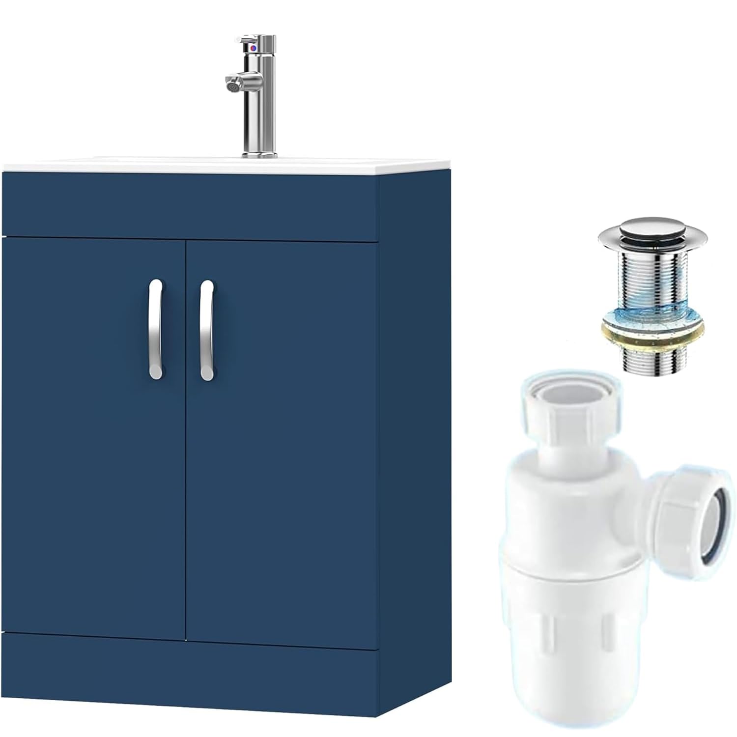 BELOFAY 600mm Under Sink Bathroom Cabinet Floor Standing Storage Cupboard Basin Vanity Unit, 600mm Laquered Cloakroom Vanity Unit with Basin, Trap and Waste, Tap not included (New York Blue)