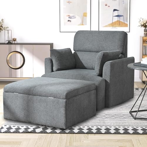 CHSICFOR Snowflake Fleece Oversized Accent Chair with Storage Ottoman - 26.57' Wide Deep Seat Reading Chair, Convertible Daybed, 400lbs Capacity for Living Room & Apartment (Grey)