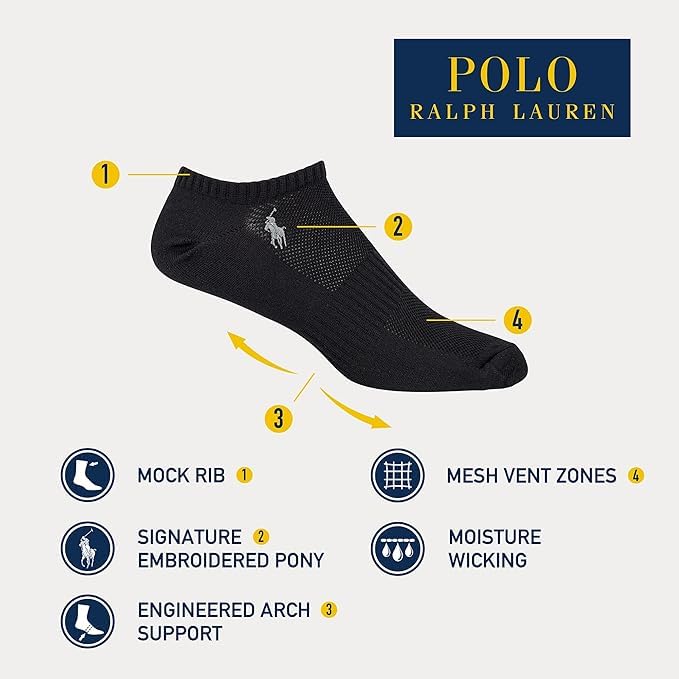 POLO RALPH LAUREN Men's Classic Sport Big Pony Low Cut Socks-3 Pair Pack-Soft, Black, Men's Shoe Size 6.5-122