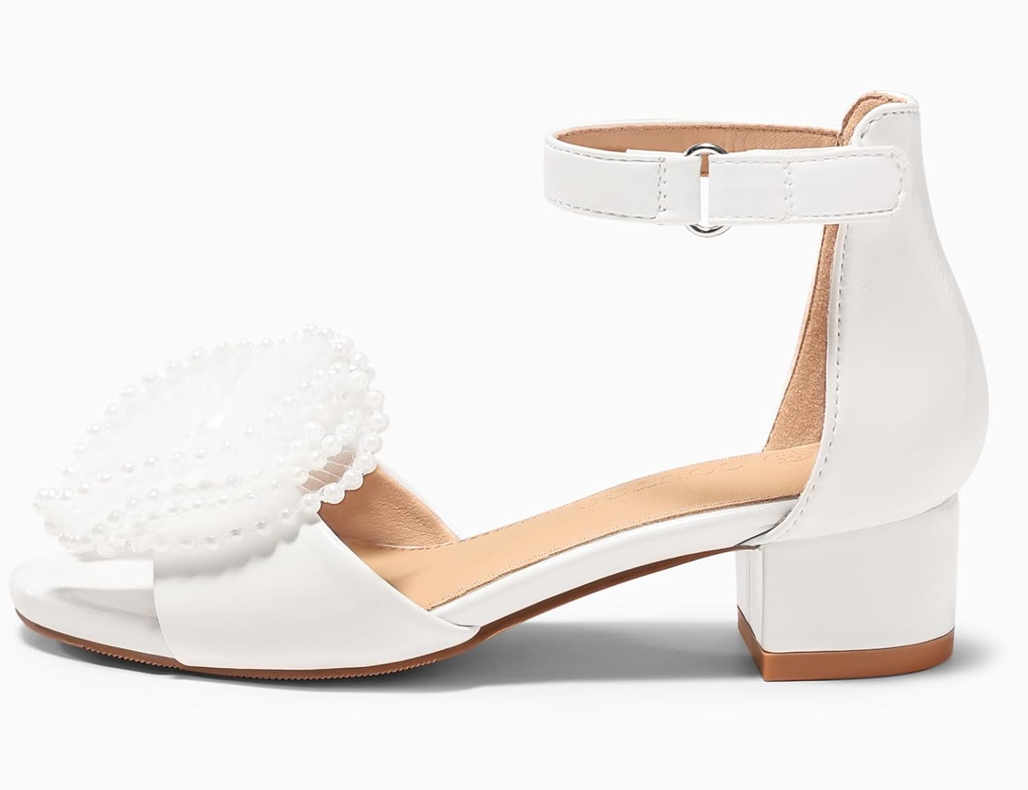 Coutgo Girls Dress Shoes Sandals Bow Pearl Open Toe Low Chunky Heels Ankle Strap Flower Girl Wedding Party Shoes - Image 4