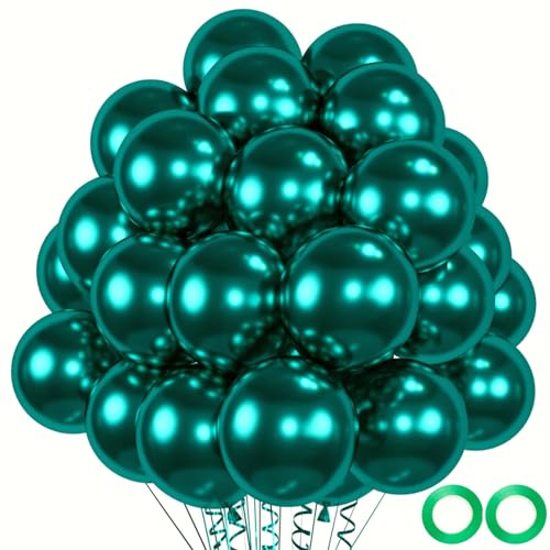 50pcs Chrome Emerald Green Balloons 12 Double Stuffed Metallic Dark Green Balloons for Weddings Class of 2026 Graduations Baby Shower Luxury Event Decor Includes 66ft Ribbons