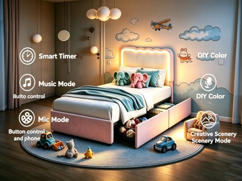 Image of Garvee Irregular Wave LED 2-Drawer Soft Upholstered Bed, Soft Padding