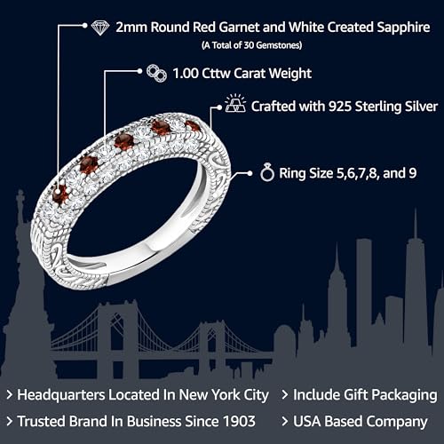 Gem Stone King 1.00 Cttw Red Garnet and White Created Sapphire Ring For Women | 925 Sterling Silver | Ladies Anniversary Wedding Band Ring | Gemstone Birthstone | Available In Size 5,6,7,8,92