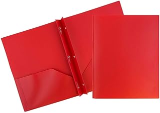 Plastic 2 Pocket POP Folders - Durable School Folders with Metal Prongs Fastener Clasps - Red - Bulk 48/Pack