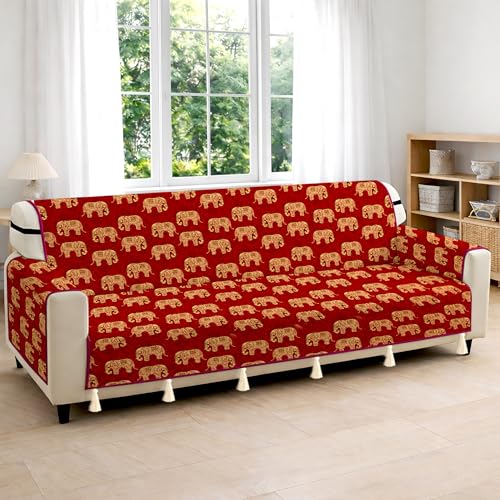 Image of Cloth Fusion 300 GSM Quilted Jaipuri Theme Printed 4 Seater Sofa Cover Mat-Style Fully Covered with Armrest Pockets, Adjustable Straps & Lock Fit (220 cm Seat Run, Elephant Block)