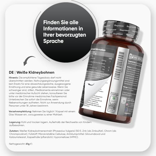 Kidneybohnen Extrakt 5000mg - Mit Zink & Chrom - 180 Kapseln für 6 Monate - 50:1 Weißer Kidney Beans Extract - Chrom trägt zu einem normalen Makronährstoff Stoffwechsel bei (EFSA) - WeightWorld