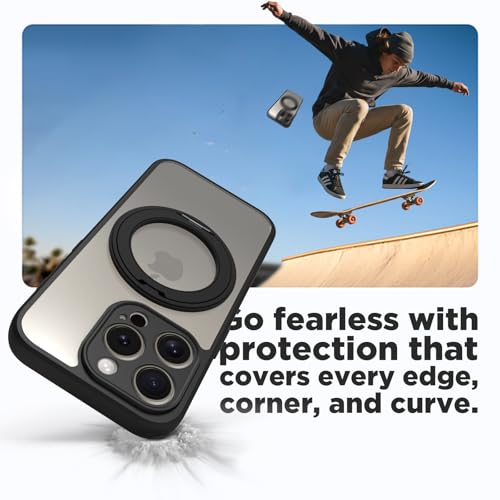 Image of RIGGEAR Shockproof Sleek Hybrid Armor 360 Rotating Magnetic Ring Stand Back Cover Case Compatible with MagSafe Accessories for iPhone 15 Pro (Clear PC + Black TPU Bumper)