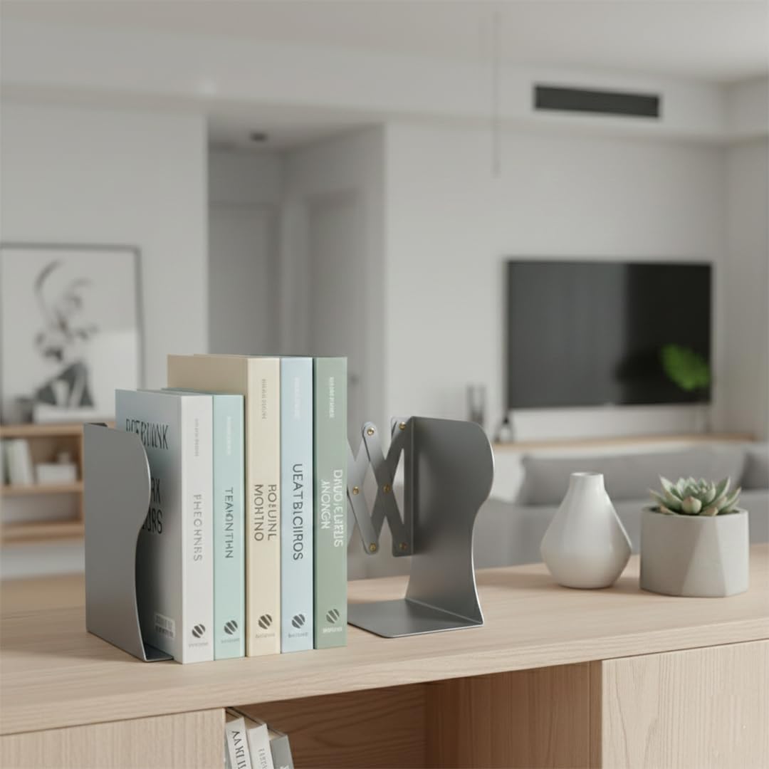 oddpod™ Premium Expandable Metal Bookends for Office Decor/Book Shelf/Living Room/Home Décor 6038 7.5"- Grey
