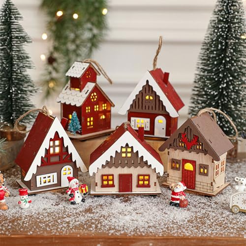 jiingekk Elegant Wood Christmas Village Houses LED Christmas Wood Houses Warm Lighted Festival Ornament For Shelf Decoration