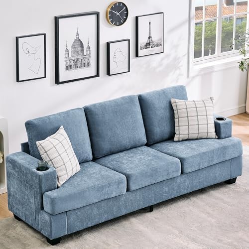 Garvee 89" Modern Sofa for Living Room, 3-Seater Comfy Couches with Deep Seat, Chenille Couch with Cup Holders and Side Storage Pockets for Apartment Lounge, Blue - Thumbnail 3