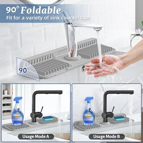 Image of PoYang 17.7 inch Faucet Mat for Kitchen Sink Splash Guard, 7 Slope Silicone Sink Water Splash Guard for Kitchen Sink Area with Snap, Long Sink Protectors for kitchen Sink Sponge Holder, Light Grey