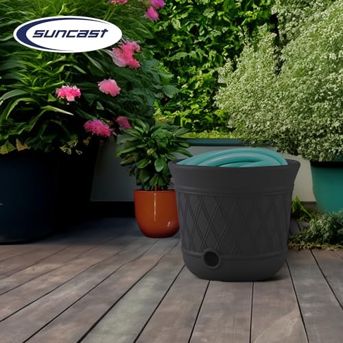 Suncast Lattice Hose Pot for Outdoor Garden Storage, Peppercorn - Holds 300 ft Expandable or 50 ft Standard 5/8" Vinyl Hoses, Resin Hideaway Organizer with Drainage and Water Supply Port - image 5