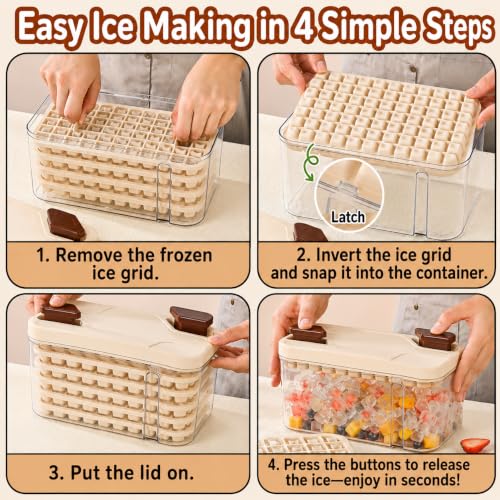 Image of HomeCloud Dual Press Ice Cube Tray with Storage Bin & Lid, 385 Ice Cubes (77 Grids x 5 Trays) BPA Free Easy Release Ice Mold with Scoop for Freezer, Home, Kitchen & Drinks (Cream)