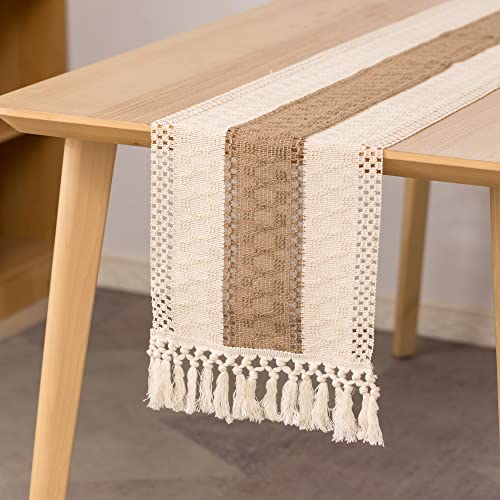 Tischläufer Beige Boho Style, Tischläufer Beige Baumwolle mit Quasten für Esstisch Hochzeit Dekor, 30 x 180 cm (Beige) Cover