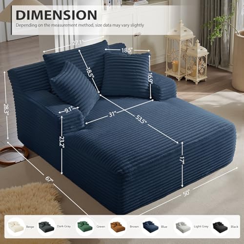 Image of 67 Inch Chaise Lounge Chair Indoor, Oversized Corduroy Upholstered Boneless Sofa Bed, Deep Seat Sleeper Couch Reading Chairs, Cloud Sofas Couches for Living Room, No Assembly Required (Blue)