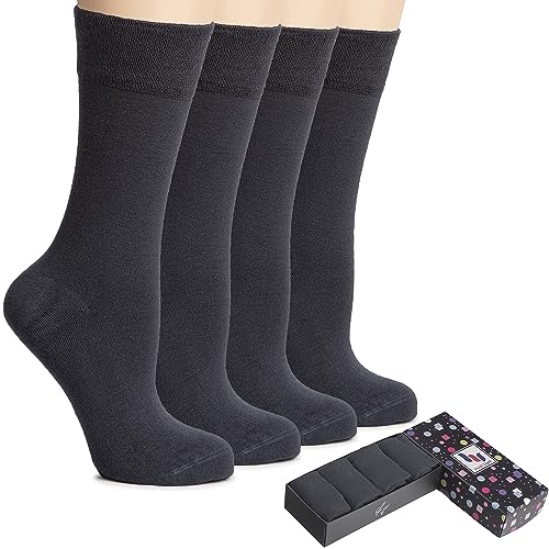 Image of Hugh Ugoli Women's Rayon Thin Crew Socks for Dress Business & Trouser, Seamless Toe, 4 Pairs in Gift Box, Charcoal Grey, Shoe Size: 5-8