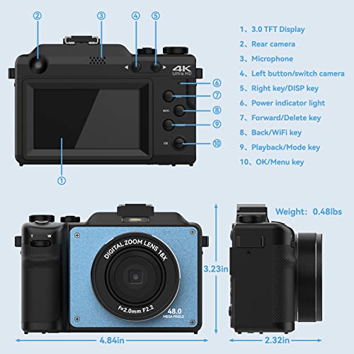 48Mp Digital Camera For Photography,4K Camera With Front And Rear Dual Cameras,18X Digital Zoom,Built-In 7 Color Filters,3.0-Inch Screen,32Gb Tf Card,Wrist Strap & Rechargeable Battery(Ultramarine) #TOP3