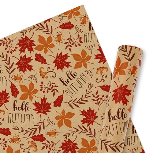 Rouleau papier cadeau kraft feuilles oranges automne pour fête de Thanksgiving