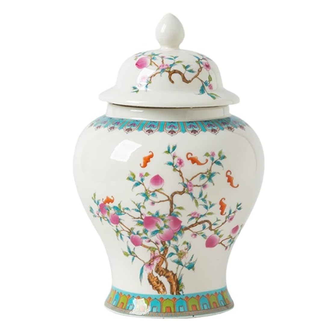 SBJKLYRN ceramic jar， Chinese Porcelain Ginger Jar with Lid, White Small Ceramic Peach Glazed Temple Jar Vase Tea Storage Jar with Seal Lid Decor(White)