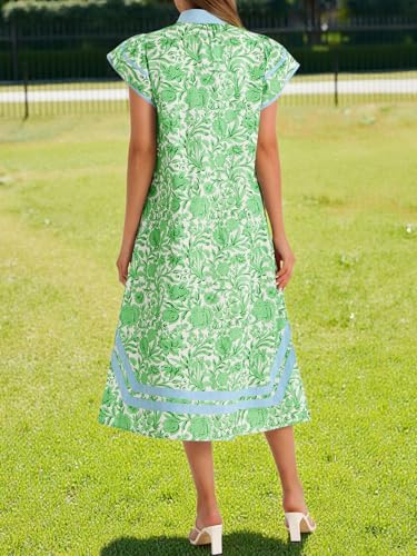 Image of Wenrine Womens Summer Floral Maxi Dress Casual Short Cap Sleeve V Neck Color Block Side Slit Loose Boho Beach Dresses