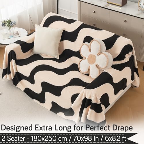 Image of HOKIPO Plush Sherpa Sofa Cover for 2 Seater Sofa | Thick Cozy Washable Sofa Throw | Full Protection Sofa Cover, 'Noirea Series' Wavy Stripe (180x250 cm) (AR-6652-D3)