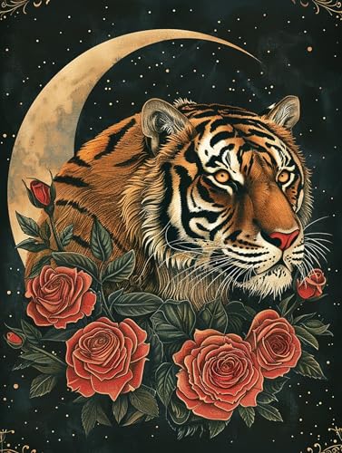 Diymood DIY 5D Diamond Painting Kits for Adults Tiger - Paint with Diamond Art Kits for Adults Moon Full Drill Round Canvas Mosaic Beginner Home Wall Decor Gift 12x16 inch z5